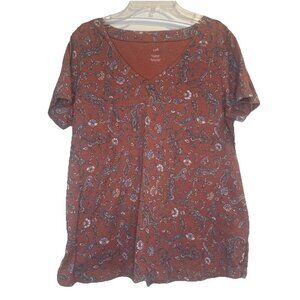 J Jill Top Pink Blue Paisley Pima Slub Knit V Neck Tee Shirt Sz S Casual Travel